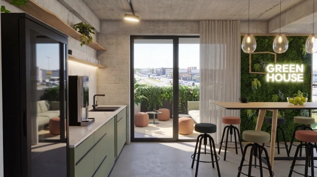 Gemütliche Küche mit kleinem Essbereich, einer Mooswand und einem Balkon