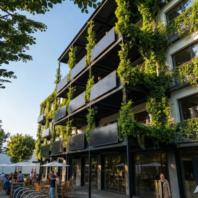 Personen auf Balkons mit Solarpaneelen schauen runter