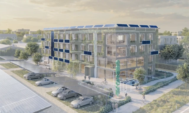 Das Greenhouse hervorgehoben mit all seinen Photovoltaikmodulen