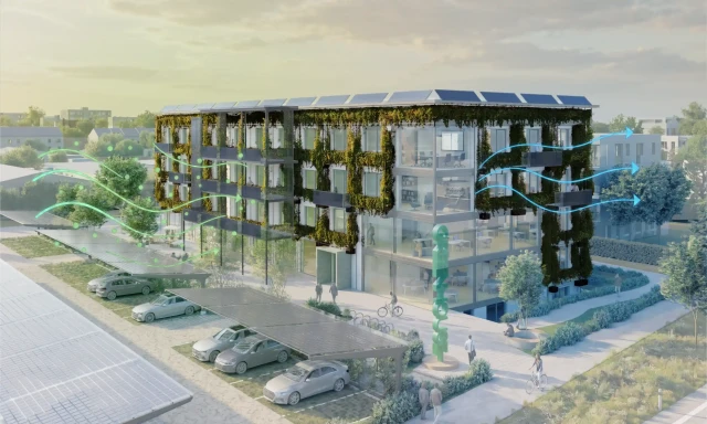 Das Greenhouse als klimaaktives System mit eingehenden Energiewellen und ausgehender Kühlung
